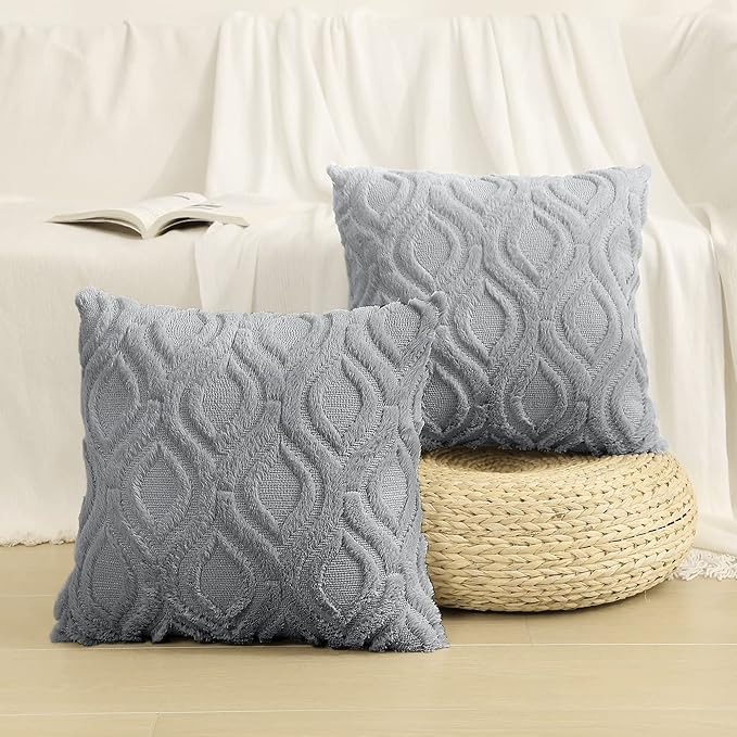 decorUhome Throw Pillow Covers 16x16 Inch Set of 2, Soft Plush Faux Wool Grey Solid Couch Pillow Covers, Accent Farmhouse Neutral Square Pillow Cases for Sofa Bed Living Room
