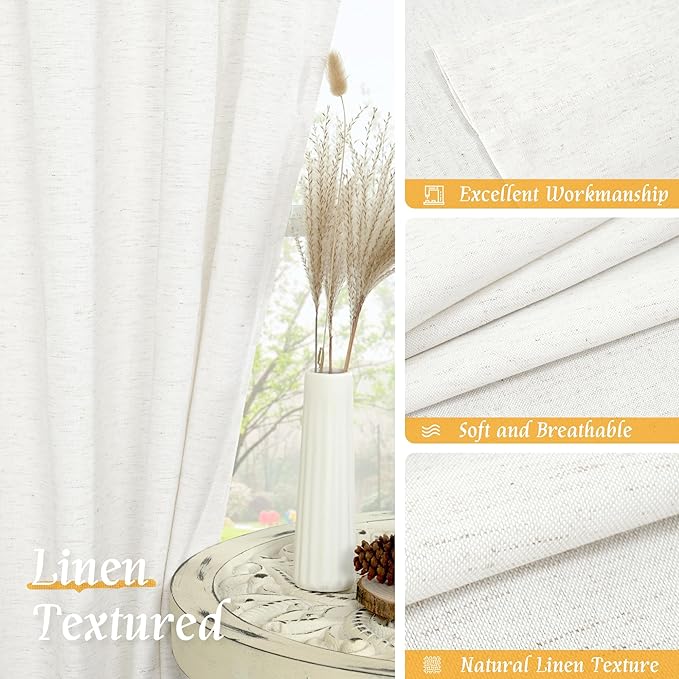 LAMIT Light Filtering 63 inch Length Linen Curtains, Soft Linen Textured Rod Pocket Neutral Boho Drapes Window Treatment Panels for Living Room/Bedroom, 2 Panels Set, 52 x 63 Inch, Ivory White