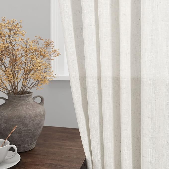 Nanspring Cream Semi Sheer Linen Curtains 75 Inch Length for Living Room Back Tab Rod Pocket Modern Farmhouse Coastal Decor Cotton Textured Gauze Curtains for Dining Room Office 52x75