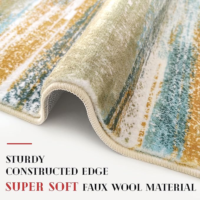 Lansny Modern Abstract Runner Rug 2x6, Green Mustard Multi Washable Kitchen Runner Non-Slip Soft Hallway Rug Runner Thin Print Faux Wool Carpet for Entryway Bedroom Laundry Room Indoor Home Decor