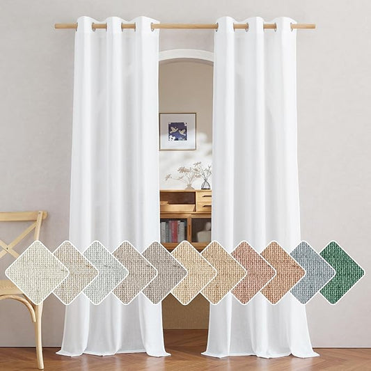 NICETOWN White Linen Curtains 90 inches Long, Grommet Thick Linen Blend Privacy Added with Light Filtering Window Treatments for Nursery/Bedroom, W42 x L90, 2 Panels