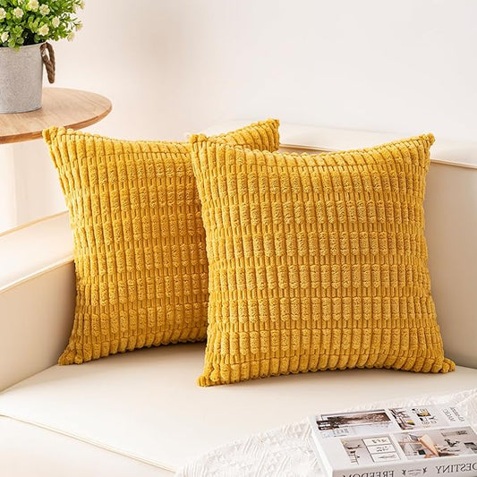 Pack of 2 Corduroy Decorative Throw Pillow Covers 24x24 InchSoft Striped Pillow Covers Modern Farmhouse Home Decor for Sofa Living Room Couch Bed（Yellow）