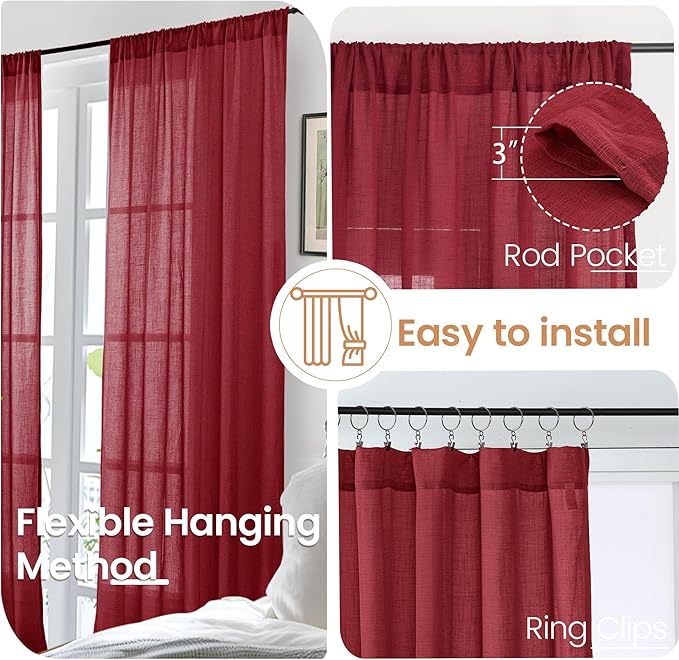 BGment Linen Curtains 36 Inch Length, Small Half Drapes with Rod Pocket for Cafe Kitchen Window Over Sink Lightweight, Burgundy, 2 Panels Set, Each 24 Inch Wide