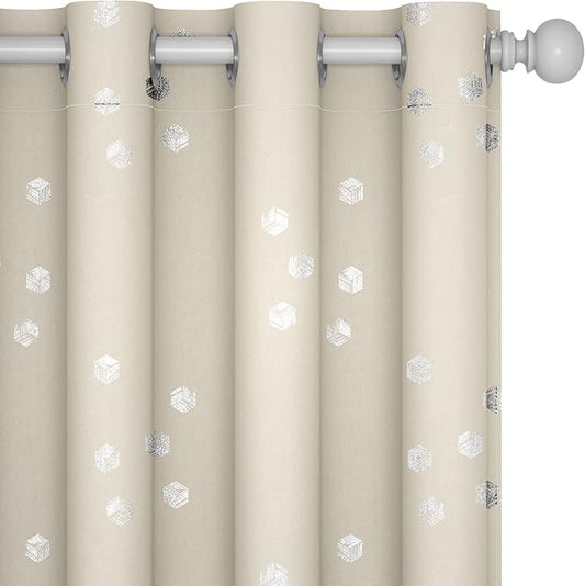 Deconovo Designer Series Silver Cubic Print Room Darkening Curtains for Living Room Bedroom Sliding Glass Door, Light Beige, 52W x 95L Inches Long, 2 Panels