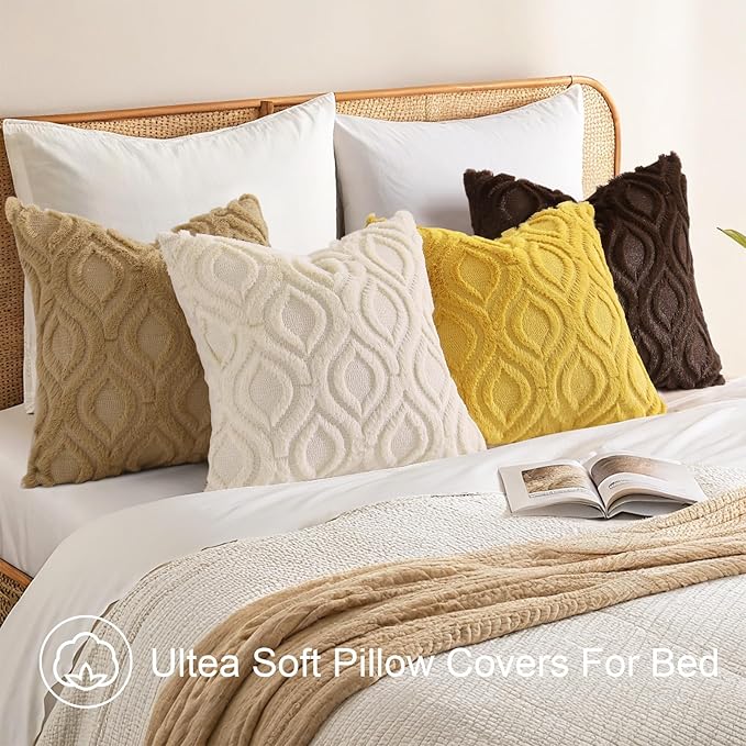 decorUhome Summer Throw Pillow Covers 18x18 Inch Set of 2, Soft Plush Faux Wool Mustard Yellow Solid Couch Pillow Covers, Accent Farmhouse Neutral Square Pillow Cases for Sofa Bed Living Room