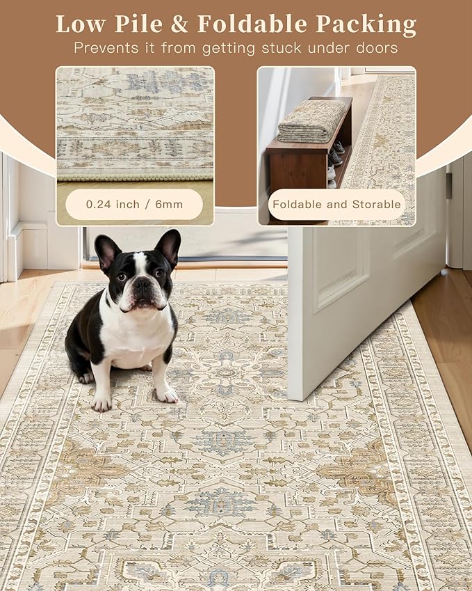 Madane Hallway Runner Rug 2x12, Long Washable Runner Rugs 12ft with Rubber Backing, Non Slip Carpet Runner, Vintage Rug Runners for Kitchen Laundry Room Entryway (Beige/Blue, 2'x12')