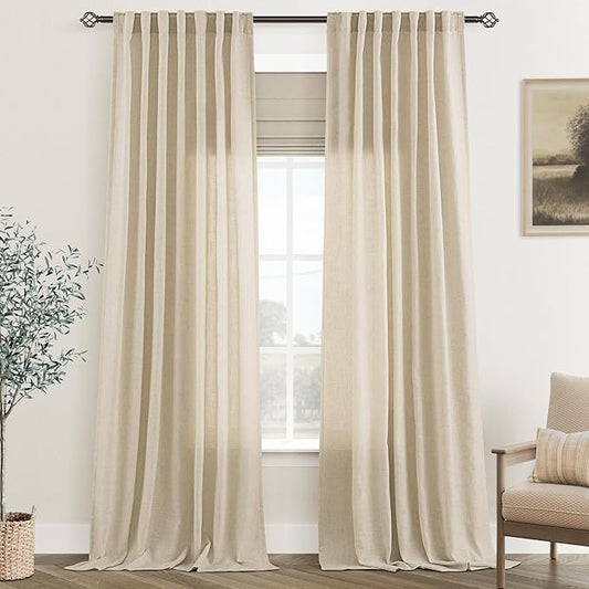 Greyish Beige Linen Curtain 102 inch Length 2 Panels Set Back Tab Light Filtering Living Room Curtain Drapes Home Office Modern Minimalist Decor Farmhouse Boho Neutral Semi Sheer Curtain 102 inch Long