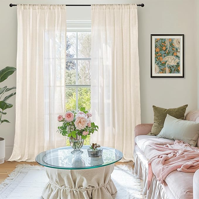 BGment 108 Inches Long Linen Curtains for Living Room Windows, Semi Sheer Drapes Light Filtering for Farmhouse Bedroom Decor Lightweight with Rod Pocket, Light Beige, 2 Panels Set, Each 52 Inch Wide