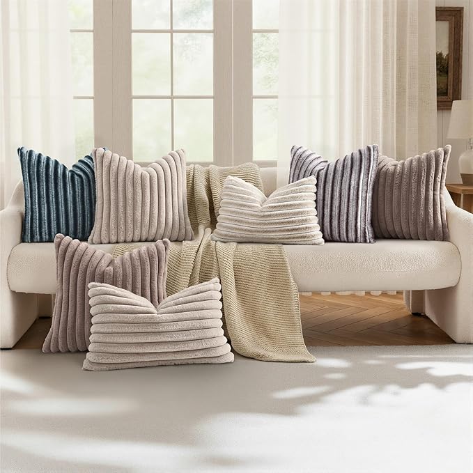 decorUhome Cozy Faux Fur Throw Pillow Covers 20x20 Set of 2 Decorative Soft Plush Striped Modern Farmhouse Boho Couch Pillow Cases with Velvet Back for Sofa Bed Living Room, Tan