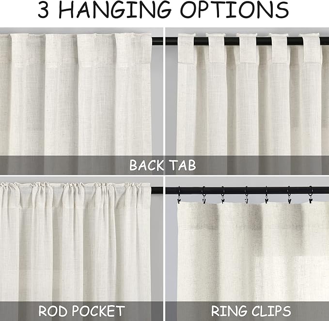 Nanspring Cream Extra Long Curtain 130 inches Long 2 Panels Set for Living Room Back Tab Modern Farmhouse Coastal Decor Cotton Textured Cream Sheer Linen Curtains for High Window 52x130