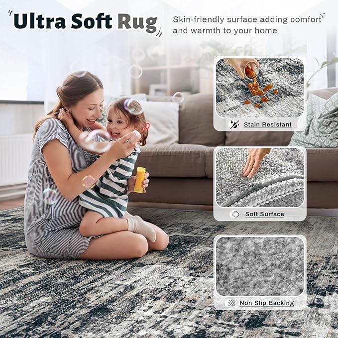 2x7 Runner Rug for Hallway, Washable Modern Abstract Runner Rugs Neutral Soft Non Slip Kids Rug Stain Resistant Indoor Runners for Entryway Bedroom Kitchen Laundry Room(BlackGrey, 2'x7')