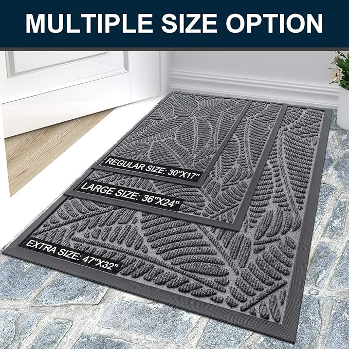 Colorxy Waterproof Doormat, Sturdy Natural Rubber Front Indoor Mat, Non Slip Low Profile Indoor Outdoor Door Mats, Stain and Fade Resistant Floor Mat, Easy Clean Patio Entrance Mat, 47''x17'', Grey