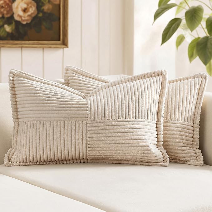 MIULEE Decorative Lumbar Throw Pillow Covers for Couch Bed Livingroom 12x20 Inch Set of 2 Beige Boho Accent Throw Pllows Broadside Striped Patchwork Soft Corduroy Pillowcases