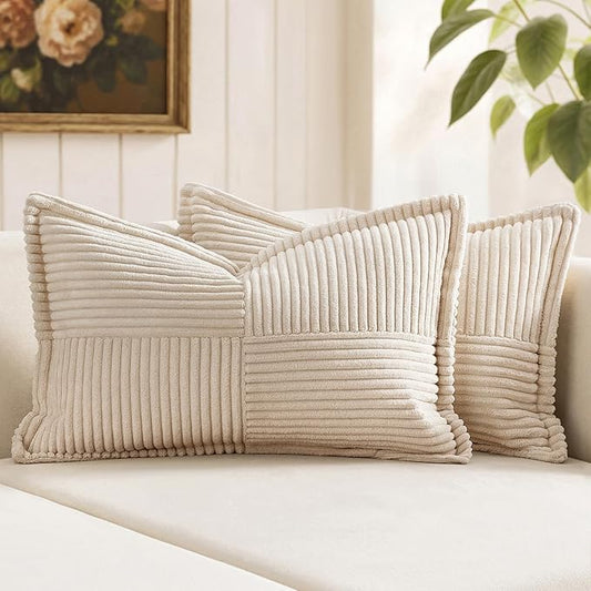 MIULEE Decorative Lumbar Throw Pillow Covers for Couch Bed Livingroom 14x22 Inch Set of 2 Beige Boho Accent Throw Pllows Broadside Striped Patchwork Soft Corduroy Pillowcases
