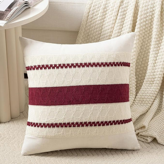 Fancy Homi Set of 1 Burgundy Boho Decorative Throw Pillow Covers 16x16 Inch for Couch Bed Sofa, Aesthetic Modern Farmhouse Christmas Room Decor, Soft Cotton Cute Textured Wind Red Cushion Case