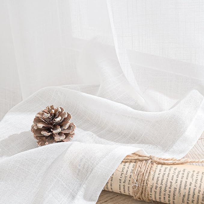 BGment White Linen Semi Sheer Curtains 36 Inch Length for Kitchen Cafe Window - Small Drapes Light Filtering with Rod Pocket Lightweight for Cafe Bathroom, 2 Panels Set, 30 X 36 Inch