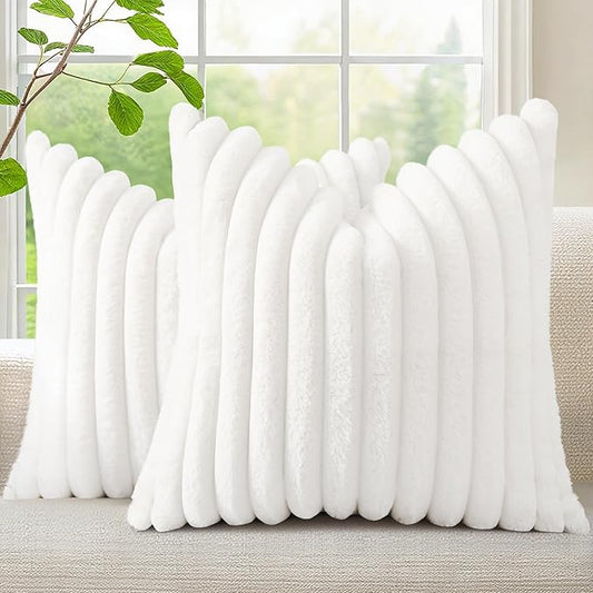 decorUhome Summer Cozy Faux Fur Throw Pillow Covers 24x24 Set of 2 Decorative Soft Plush Striped Modern Farmhouse Boho Couch Euro Sham Pillow Cases with Velvet Back for Sofa Bed Living Room, White