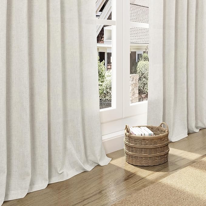 Nanspring Mousse White Linen Curtains 63 Inch Length for Living Room Luxury Light Filtering Semi Sheer Curtain Back Tab Simple Modern Elegant Coastal Decor Drapes for Bedroom Office 52x63, 2 Panels