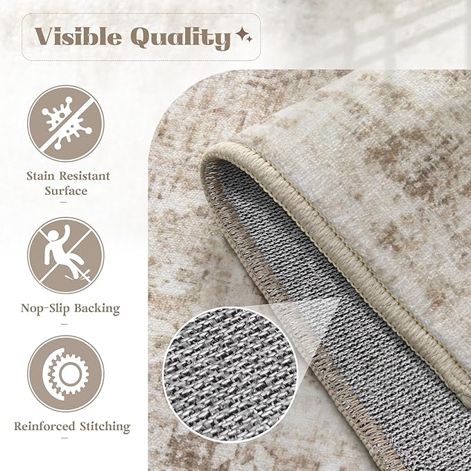 Area Rug 3x5 Washable Rug, Vintage Boho Medallion Entryway Rug Non-Slip Soft Low Pile Small Distressed Floor Carpet Retro Doormat for Kitchen Bedroom Laundry Bathroom Hallway (Brown, 3'x5')