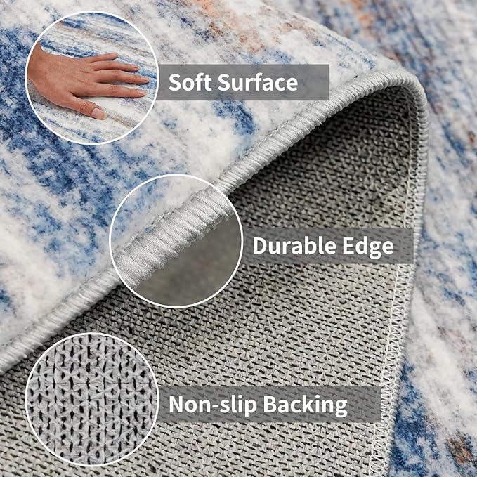 3x7 Washable Runner Rug for Family: Easy-to-Clean Runners for Hallway Entryway Kitchen Bedroom - Stain and Water Resistant Rugs with Non-Slip Backing - Soft Low-Pile Carpet Navy Grey
