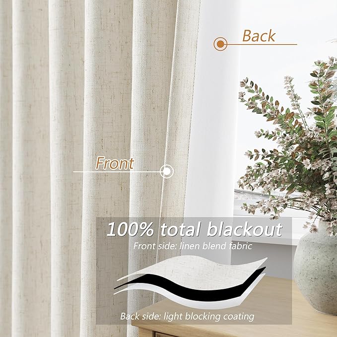 Guken Cream 100% Blackout Linen Curtains 102 Inch Length 2 Panels Set for Living Room Bedroom Back Tab/Rod Pocket Thermal Insulated Black Out Drapes Room Darkening Farmhosue Window Curtains