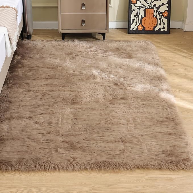 ORINOVA Beige Furry Washable Faux Sheepskin Fur Rug for Living Room Bedroom Fluffy Area Rug 4x6 Rectangle Rug Nursery Decor