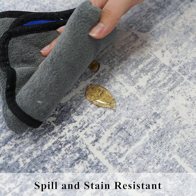 Washable 3x4 Kitchen Area Rugs: Abstract Stain-Resistant Sink Rug Non-Slip Durable Doormat Soft Bedroom Nursery Besides Carpets Indoor Water-Resistant Bathroom Floor Mat for Family(3x4,Blue/Ivory)