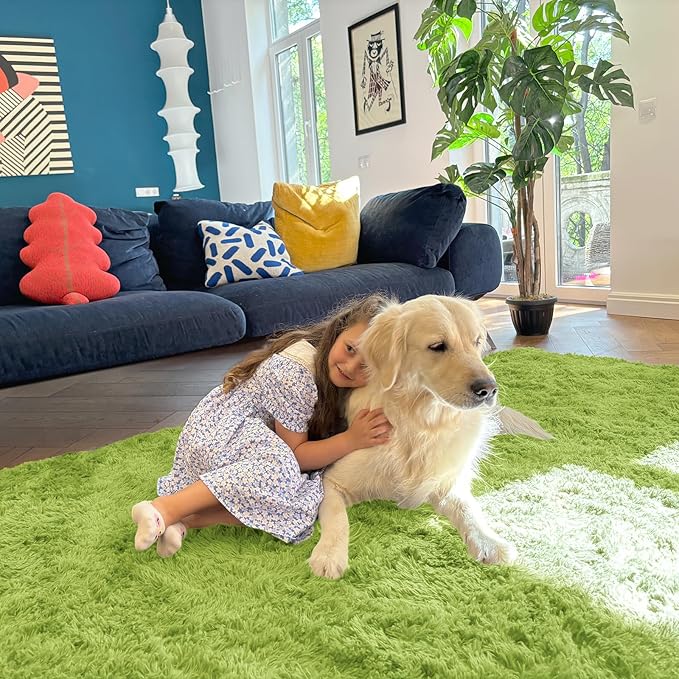 OLANLY 3x5 Machine Washable Small Bedside Rug, Soft Fluffy Shaggy Rugs for Living Room, Bedroom, Indoor Floor Carpet for Kids Girls and Boys, Preppy Dorms, Nursery, Home Decor Aesthetic, Grass Green