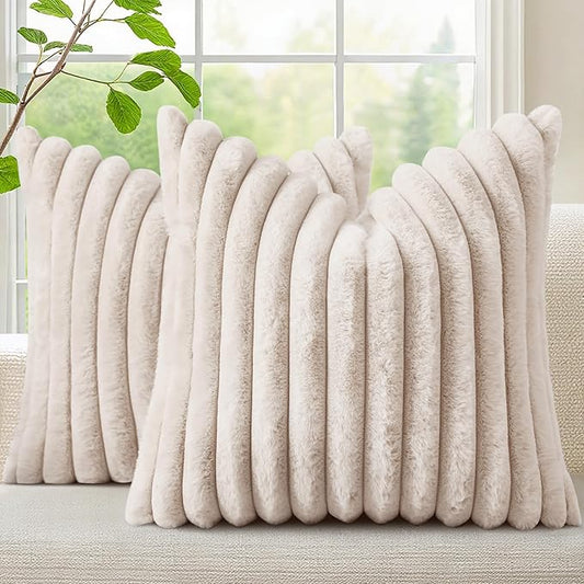 decorUhome Summer Cozy Faux Fur Throw Pillow Covers 16x16 Set of 2 Decorative Soft Plush Striped Modern Farmhouse Boho Couch Pillow Cases with Velvet Back for Sofa Bed Living Room, Beige