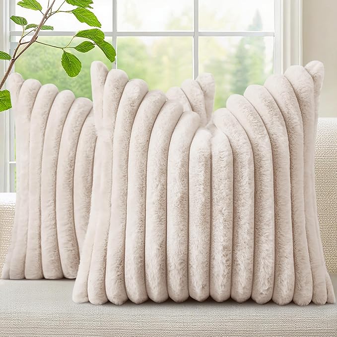 decorUhome Summer Cozy Faux Fur Throw Pillow Covers 24x24 Set of 2 Decorative Soft Plush Striped Modern Farmhouse Boho Couch Euro Sham Pillow Cases with Velvet Back for Sofa Bed Living Room, Beige