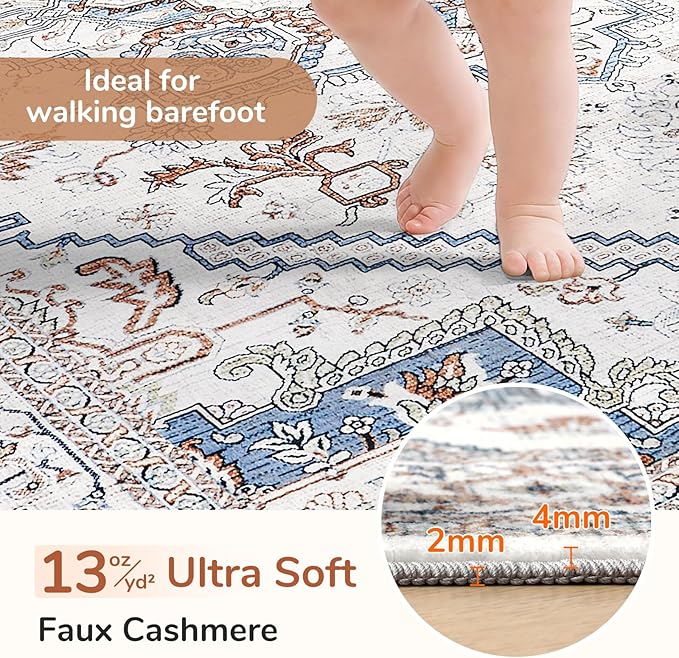 OPPODREAM Soft Neutral Area Rugs 5x7, 5x7 Washable Rug with Non Slip Backing, 5 x 7 Faux Cashmere Low-Pile Carpet, Cream White & Blue & Light Brown