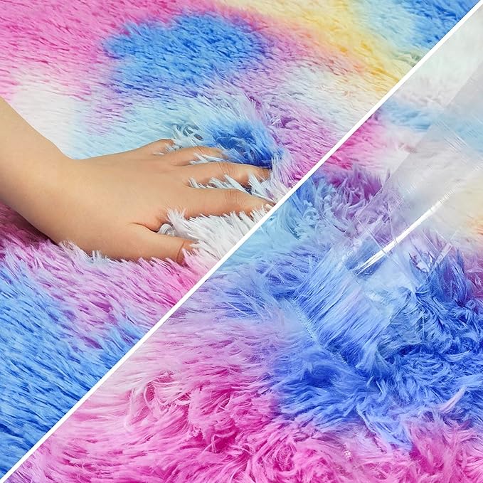 Fluffy Colorful Rug for Bedroom 2x6 ft Kawaii Tie-Dyed Area Rug Non Slip Cute Unicorn Kids Runner Rug for Girls Princess Teens Living Room Playroom Baby Nursery Decor Carpets