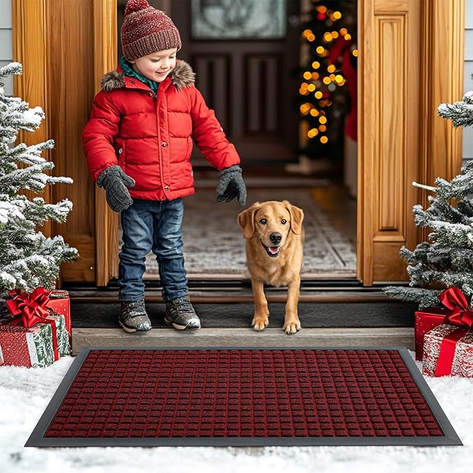 Smiry Front Door Mat Outside Entrance, Heavy Duty Natural Rubber Doormat, Non Slip, Trap Dirt and Moisture, Easy Clean, Low Profile Welcome Floor Mats for Indoor Outdoor Entry, 29.5x17 Inch, Red