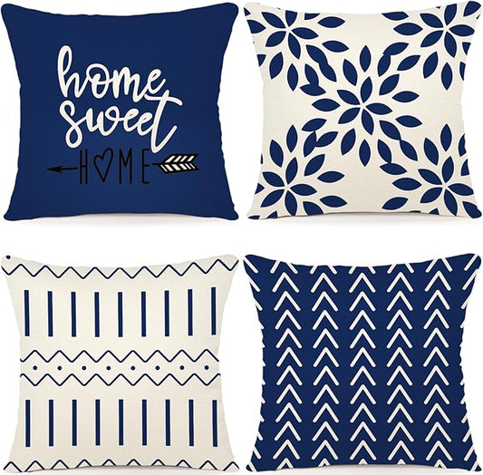 YCOLL Pillow Covers 18x18 Set of 4, Modern Sofa Throw Pillow Cover, Decorative Outdoor Linen Fabric Pillow Case for Chair Sofa Couch Bed Car, Dark Blue