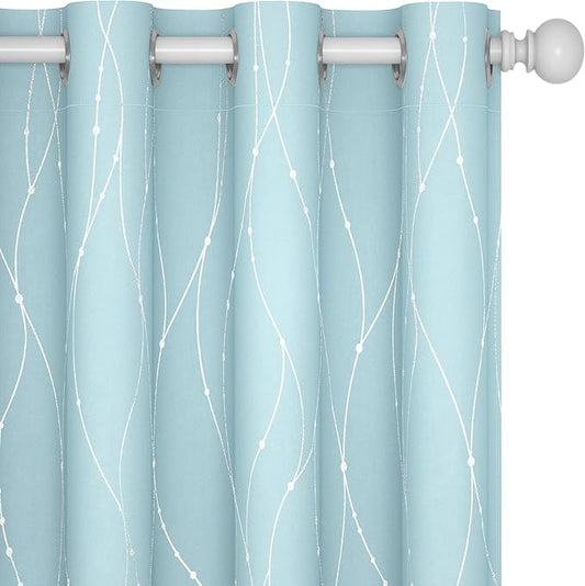 Deconovo Blackout Curtains, Thermal Insulated Soundproof Grommet Drapes, Wave Dot Foil Print, 52 x 108 Inch, Set of 2, Machine Washable Window Panel for Bedroom Living Room Nursery Kitchen, Light Blue