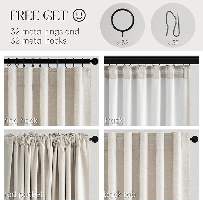Topfinel 105 Inches Long Custom Black Out Faux Thick Linen Drapery Two Panels, Cream White Back Tab Rod Pocket Rustic Ivory Curtains, Pleated Curtains, Outdoor Patio Curtains Winter Christmas Decor