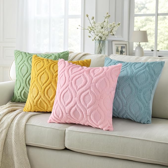 decorUhome Summer Throw Pillow Covers 18x18 Inch Set of 2, Soft Plush Faux Wool Light Pink Solid Couch Pillow Covers, Accent Farmhouse Neutral Square Pillow Cases for Sofa Bed Living Room
