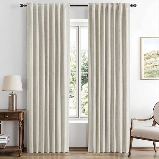 MIULEE 100% Blackout Linen Curtains for Bedroom, Light Cream Solid Luxury Decor Thermal Insulation Room Darkening Drapes for Living Room Nursery Back Tab Rod Pocket 42 x 90 Inches, 2 Panels