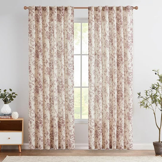 jinchan Linen Blend Curtain Floral Curtains for Living Room 90 Inch Length Farmhouse Brick Red Printed Curtain Rod Pocket Back Tab Peony Flower Patterned Drapes Curtains Set 2 Panels