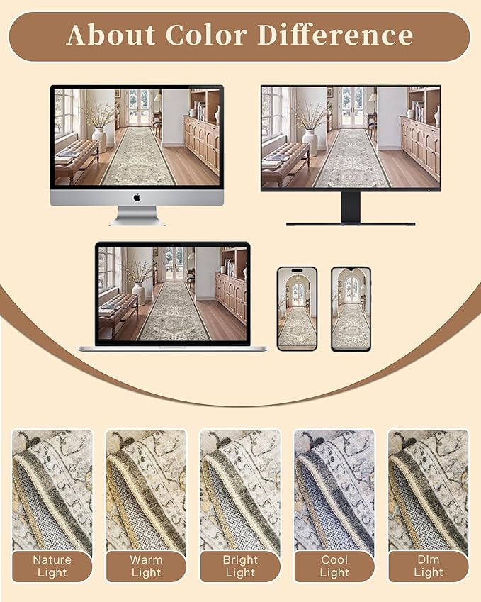 Madane 3x20 Hallway Runner Rug - Extra Long Carpet Runners for Hallways 20ft Non Slip Stain Resistant Rugs Runner for Living Room Bedroom 20 Feet Distressed Floor Carpet for Kitchen, Ivory/Brown