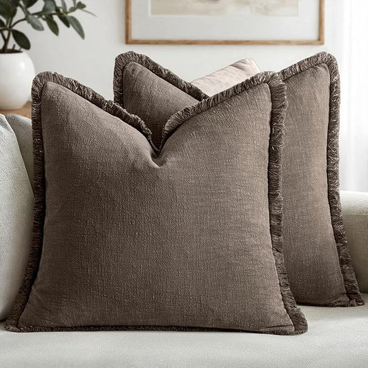 MIULEE Decorative Throw Pillow Covers Neutral Linen Fringe Throw Pillows Euro Shams Set of 2 Natural Coffee Boho Farmhouse Cushion Covers for Couch Sofa Bed Living Room Spring Home Decor 24x24 Inch