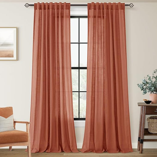 120 inch Linen Terracotta Curtains 2 Panels for Living Room Back Tab Light Filtering Semi Sheer Rust Colored Curtains 120 inches Long Soft Thick Cotton Cloth Textured Rustic Boho Farmhouse Room Decor