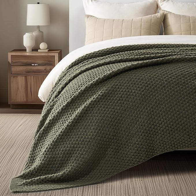 EVERGRACEHOME Chunky Chenille Knit Throw Blanket for Couch, Soft Luxurious Oversized King Moss Stitch Blanket for Bed, Large Cozy Farmhouse Knitted Throw for Sofa, Olive Green, 92" x 108"