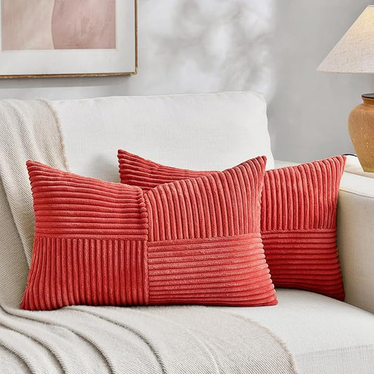 Fancy Homi 2 Packs Red Long Lumbar Decorative Throw Pillow Covers 12x24 Inch for Couch Bed Sofa, Holiday Christmas Home Decor Gift, Soft Striped Corduroy Rectangle Accent Cushion Case 30x60 cm