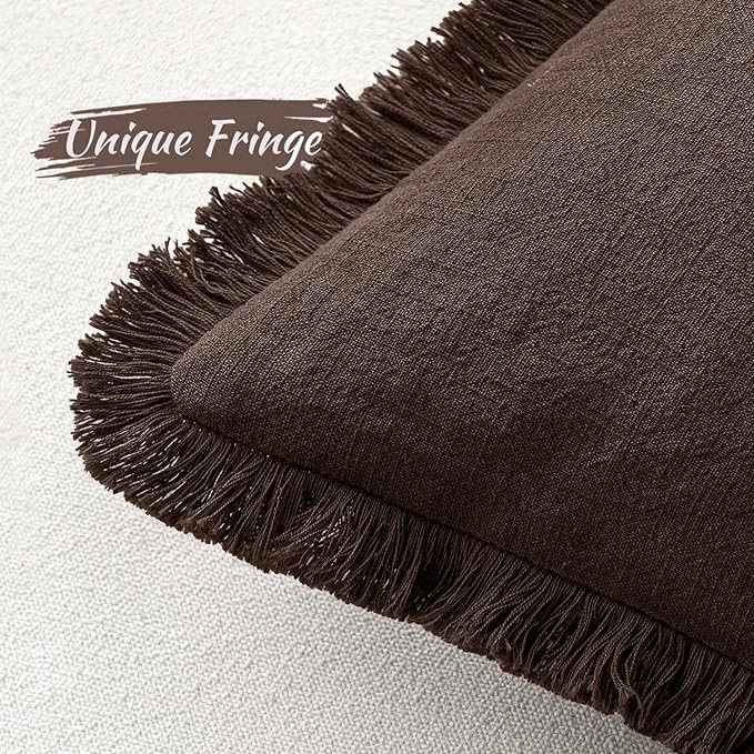 MIULEE Decorative Throw Pillow Covers Neutral Linen Fringe Throw Pillows Euro Shams Set of 2 Dark Brown Boho Farmhouse Cushion Covers for Couch Sofa Bed Living Room Spring Home Decor 26x26 Inch