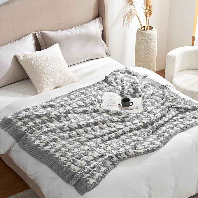 Snuggle Sac Houndstooth Throw Blanket for Couch, Reversible Super Soft Warm Blankets Cozy Knit Fuzzy Plush Lightweight Throws for Sofa, Bed, Camping, Grey,50x60 inches