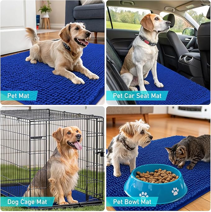 OLANLY Dog Door Mat for Muddy Paws 45x27, Absorbs Moisture and Dirt, Absorbent Non-Slip Washable Doormat, Quick Dry Chenille Mud Mat for Dogs, Entry Indoor Entryway Carpet for Inside Floor, Royal Blue