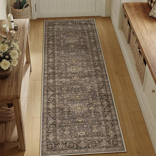 2x7 Washable Runner Rug for Hallway Kitchen Vintage Brown Non Slip Low Pile Carpet Traditional Retro Soft Throw Rug for Bathroom Bedroom Entryway Indoor Entrance