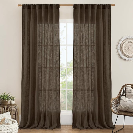 LAMIT Dark Brown Sheer Linen Curtains, 96 inch Light Filtering Semi Sheer Panels Back Tab and Rod Pocket Farmhouse Drapes for Bedroom/Living Room, 2 Panels, 52 x 96 Inch