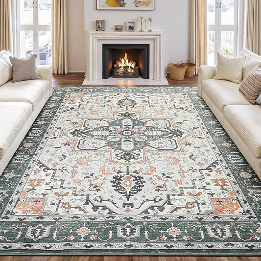 Rugflix 8x10 Area Rugs for Living Room, Washable Rug, Soft Low Pile Carpet, Non-Slip, Stain Resistant, Vintage Area Rug, Sage Green Rug for Bedroom, Dining Room, Home Office